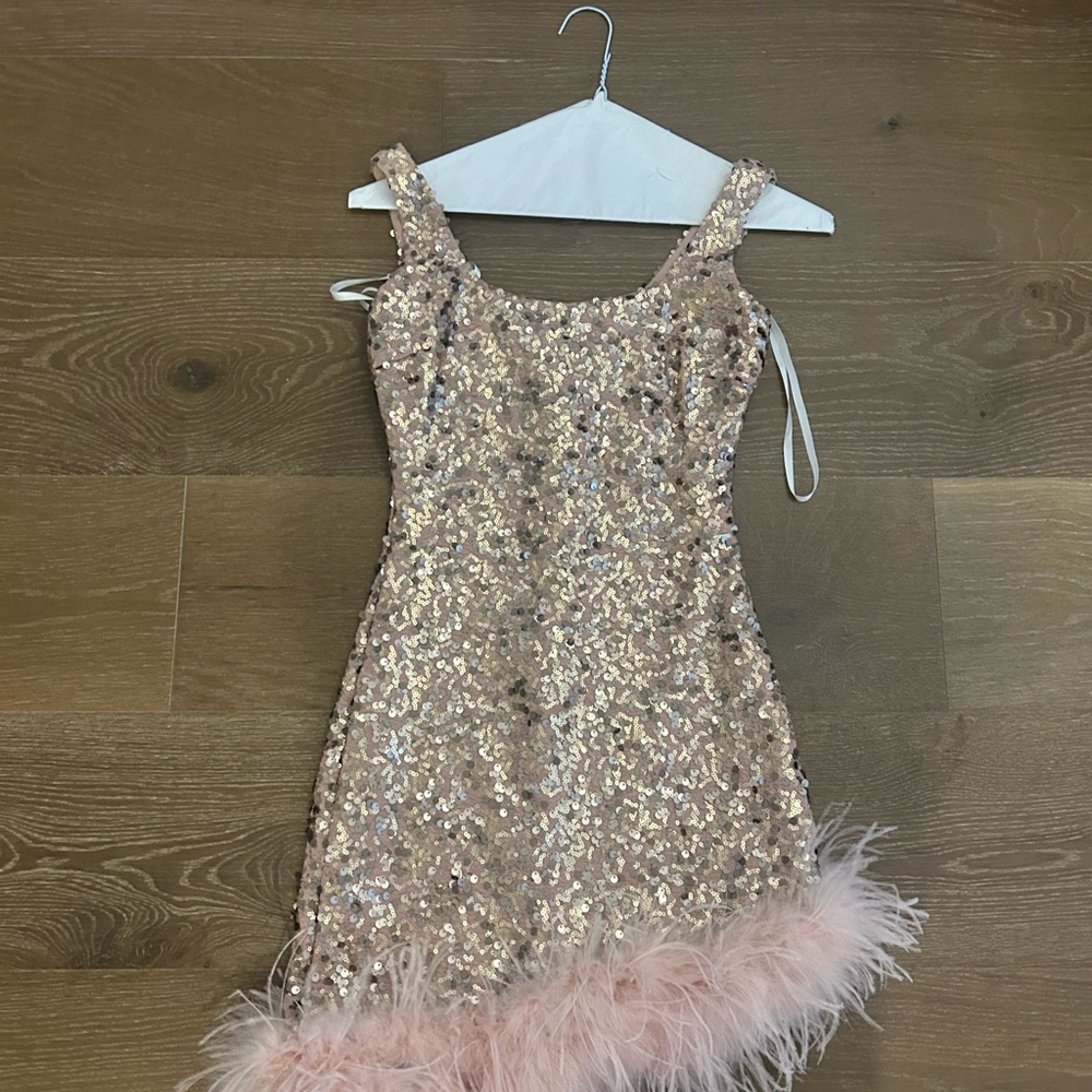 Windsor Glittering Pink Sequin Dress with Feather Hem